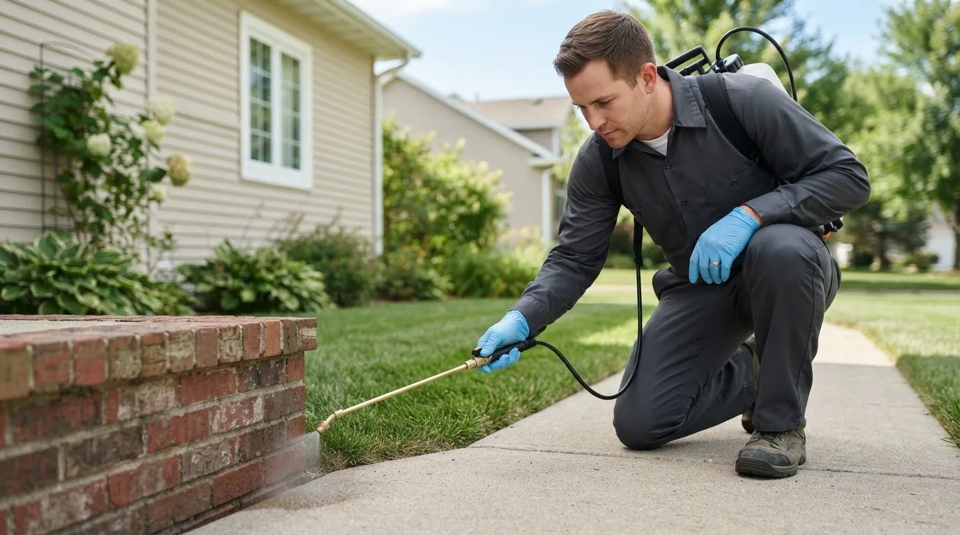 Pest control technician treating a home near East Wallingford, VT
