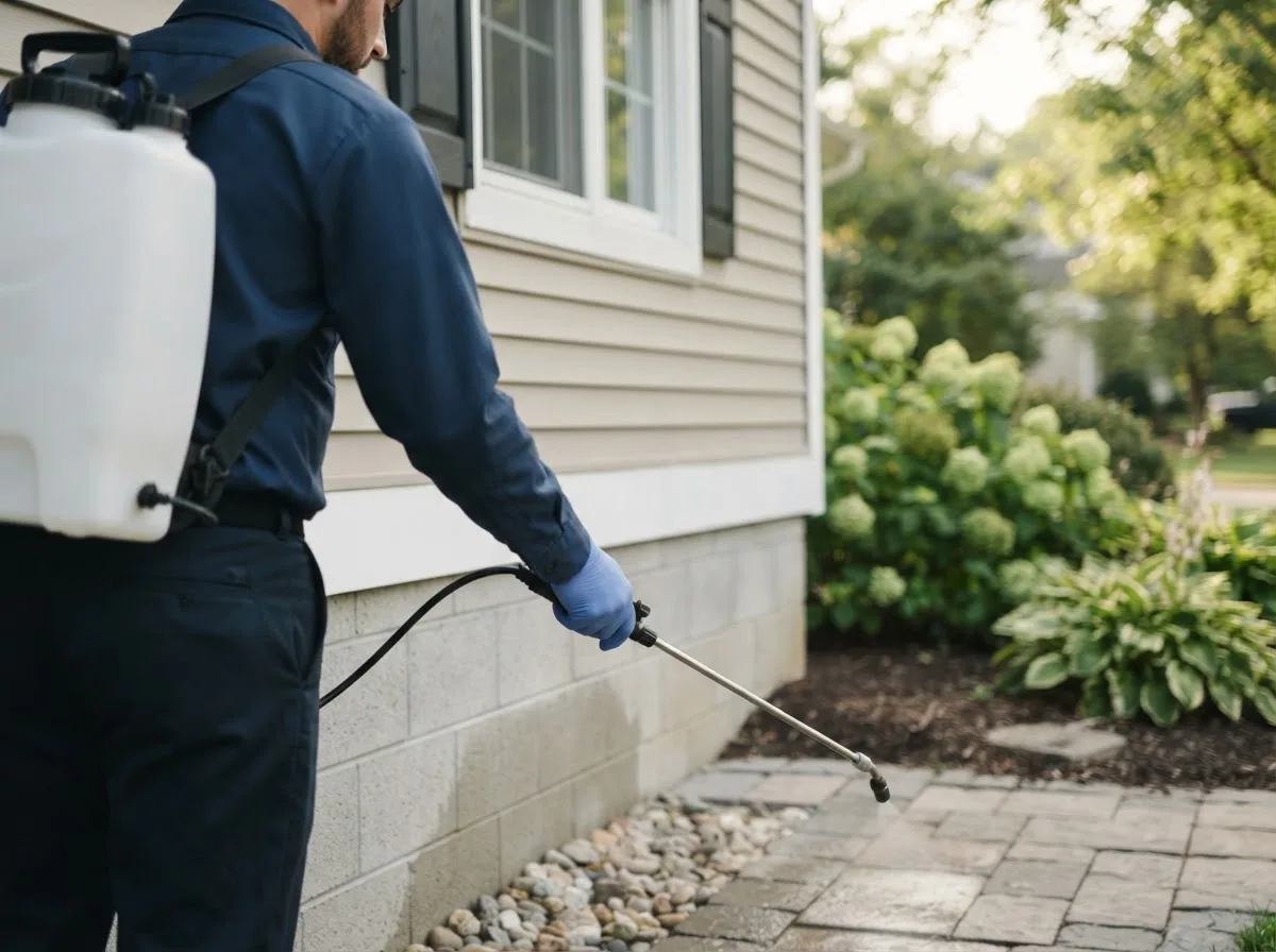 Pest control technician inspecting a home in East Wallingford, VT